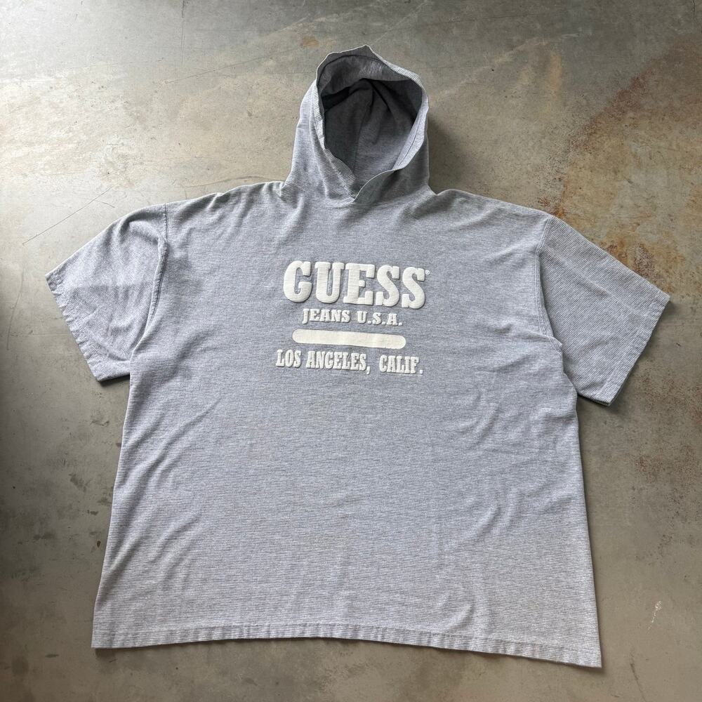 Vintage 90’s Guess Jeans USA Classic Puff Print Retro Hooded T-shirt Size XL